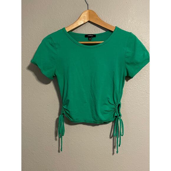 Ambiance Womens Fitted Crop Top Large Green Ruched Short Sleeve Grunge Y2K READ - Picture 1 of 9